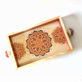 Multicolour mandala wooden serving tray photographed on a white background hoWme