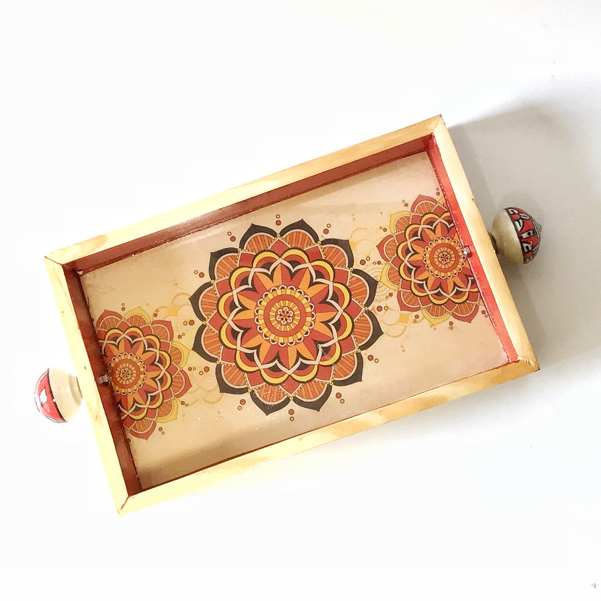Multicolour mandala wooden serving tray photographed on a white background hoWme