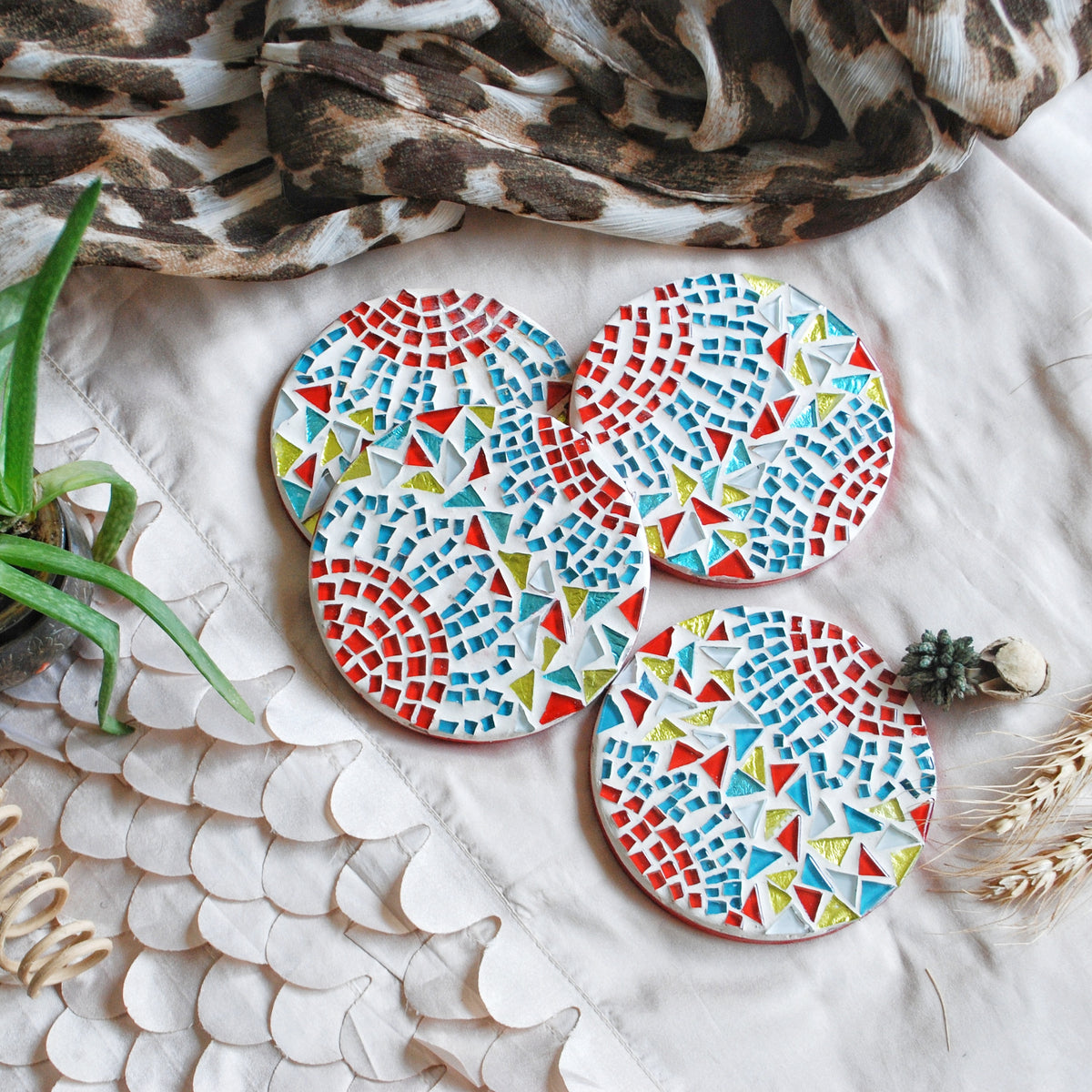 Multicolour mosaic MDF coasters set of four in styled setting - hoWme