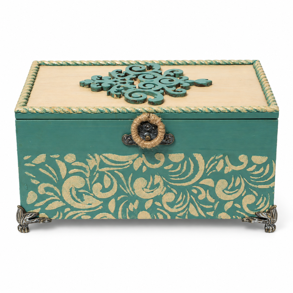 Multipurpose wooden box with brass detail – front view for table or shelf décor – hoWme