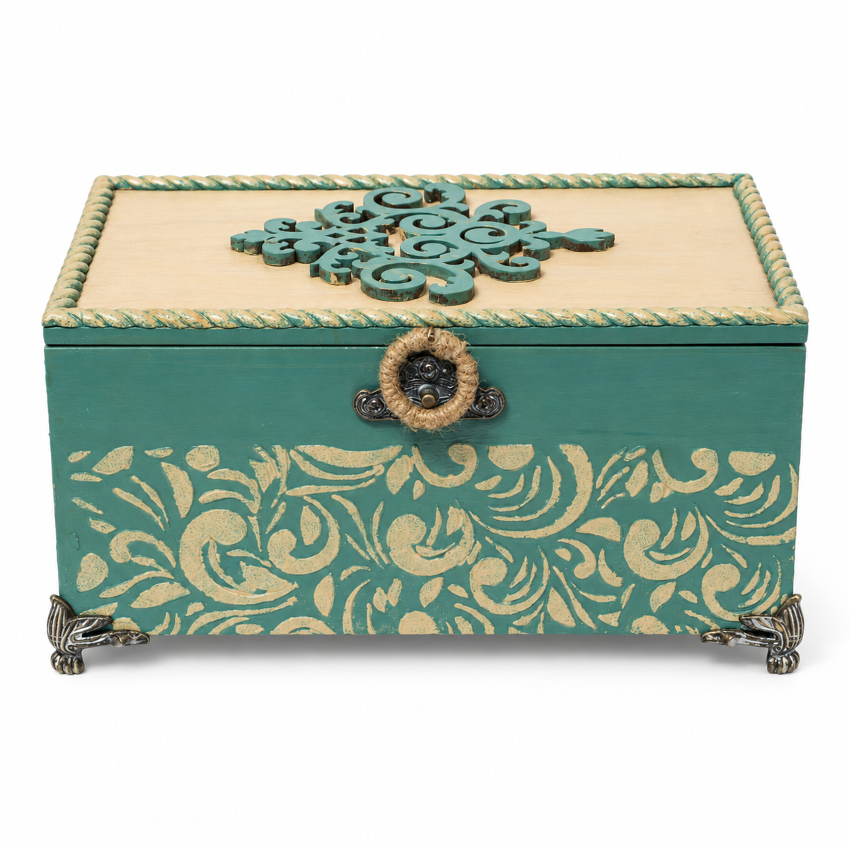 Multipurpose wooden box with brass detail – front view for table or shelf décor – hoWme