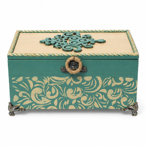 Multipurpose wooden box with brass detail – front view for table or shelf décor – hoWme