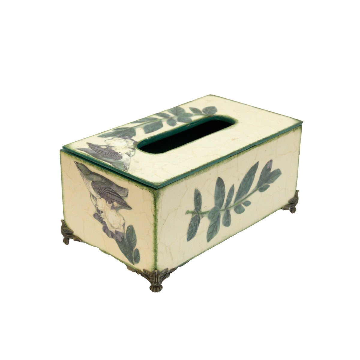Off-white and green botanical decoupage tissue holder with brass feet on white background – hoWme