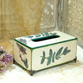 Off-white and green decoupage MDF tissue holder with brass feet for table décor – hoWme