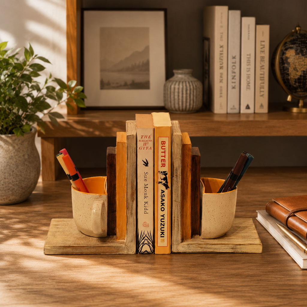 Off-white and orange open wooden bookend – styled view for table or shelf décor – hoWme