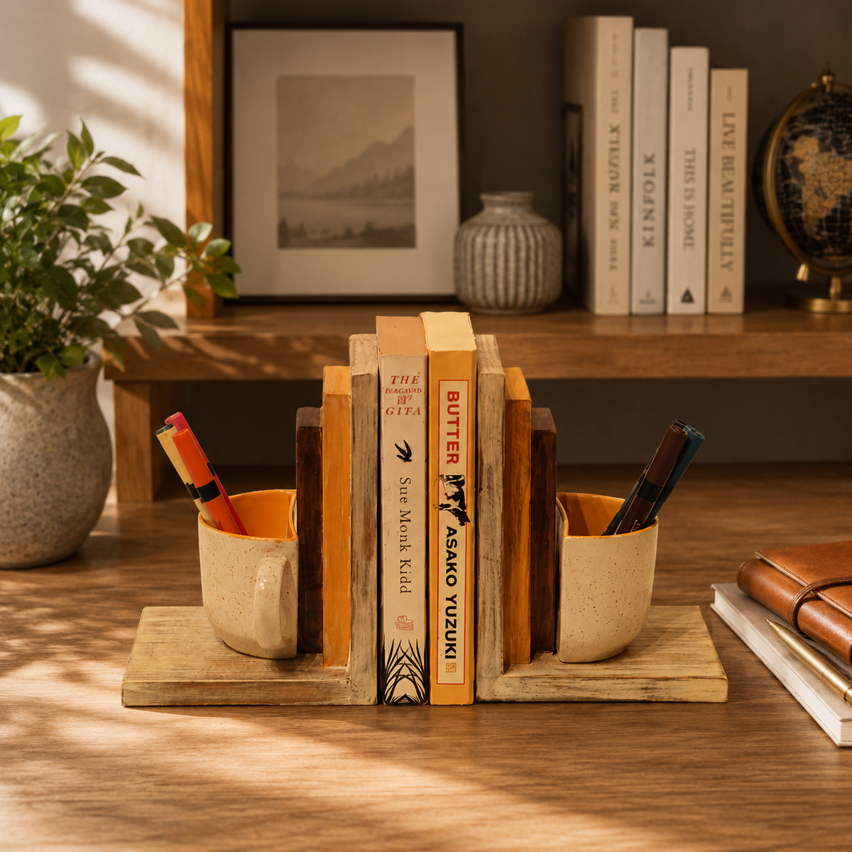 Off-white and orange open wooden bookend – styled view for table or shelf décor – hoWme