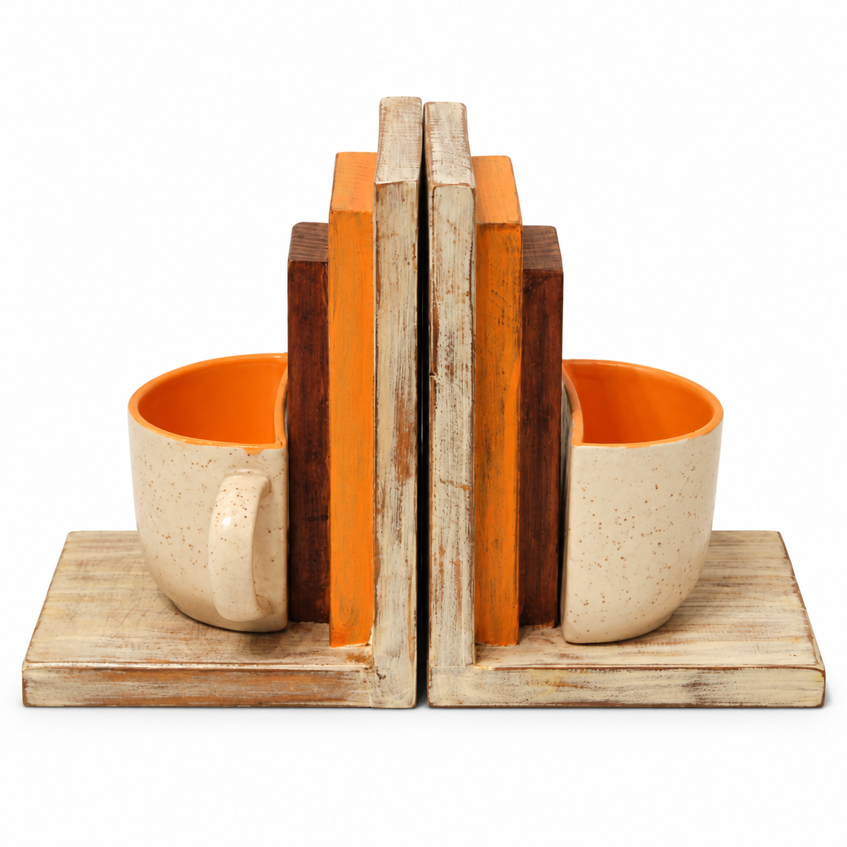 Off-white and orange open wooden bookend on white background – view one for table or shelf décor – hoWme
