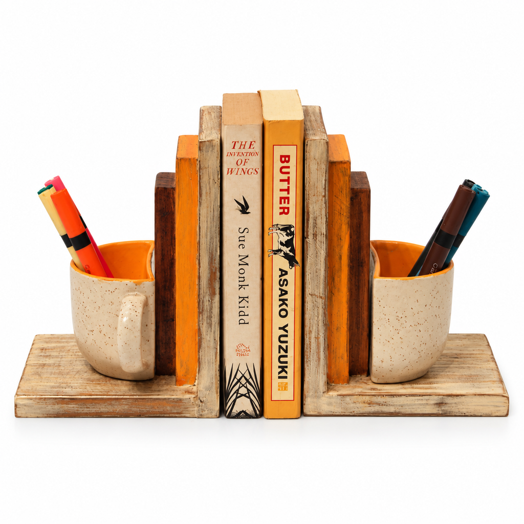 Off-white and orange open wooden bookend on white background – view two for table or shelf décor – hoWme