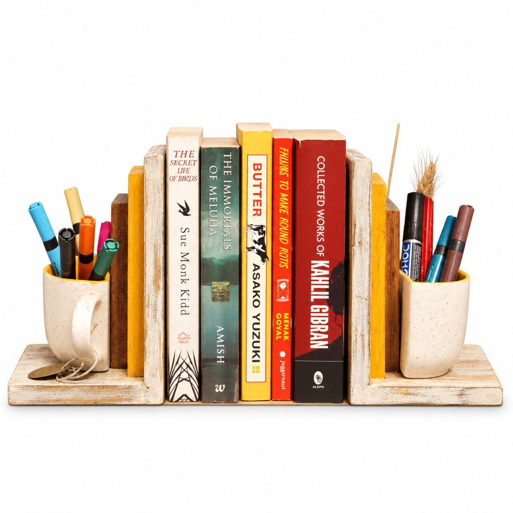 Off-white and orange open wooden bookend on white background – view three for table or shelf décor – hoWme
