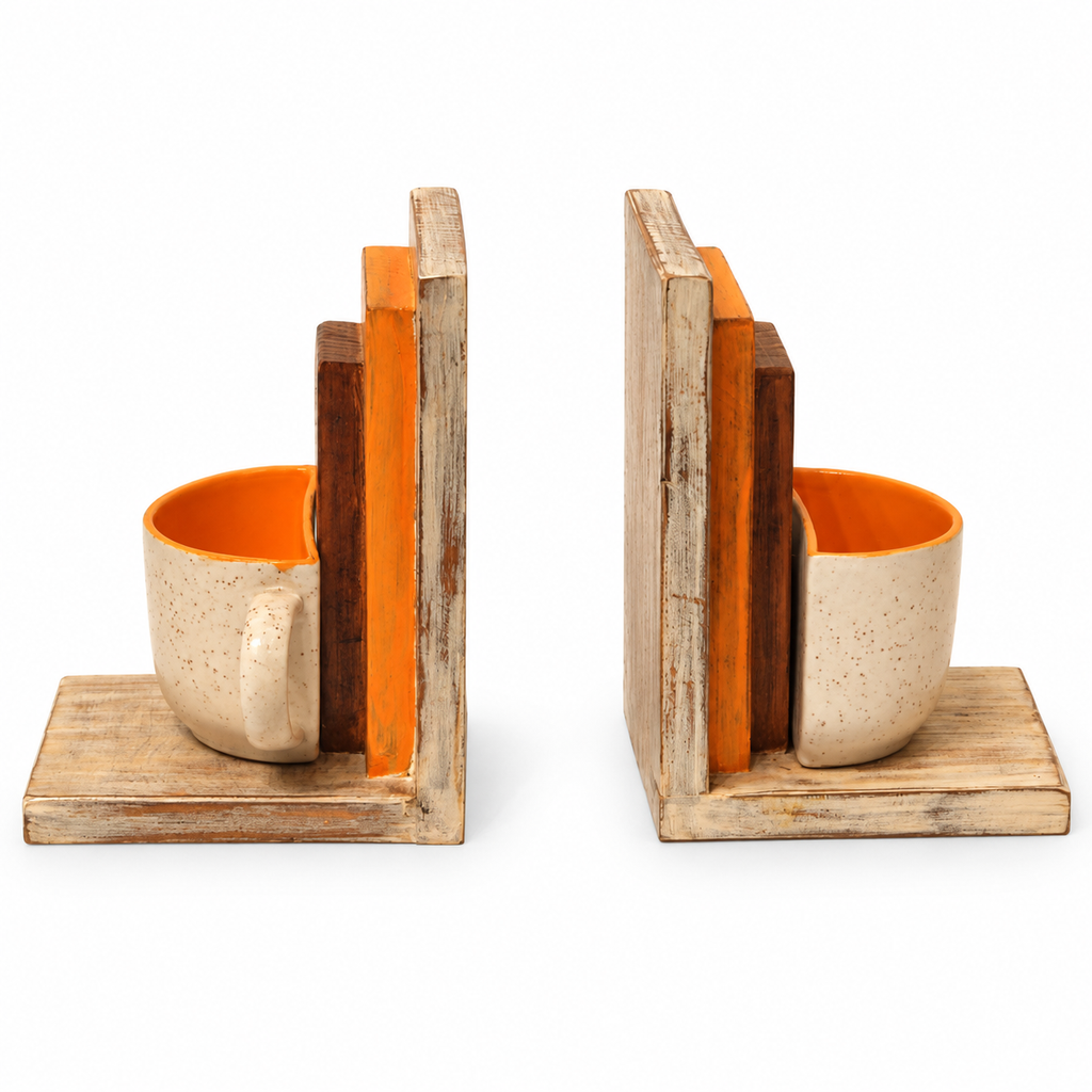 Off-white and orange open wooden bookend on white background – view four for table or shelf décor – hoWme