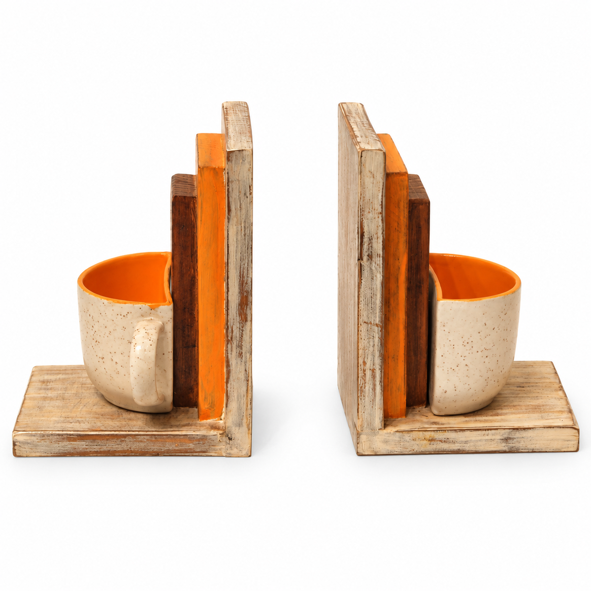 Off-white and orange open wooden bookend on white background – view four for table or shelf décor – hoWme