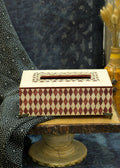 Off-white and red mosaic decoupage MDF tissue holder with brass feet for table décor – hoWme