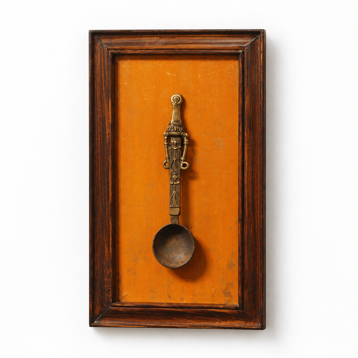Handcrafted Framed Tribal Ladle Orange Backdrop angle view for wall décor – hoWme