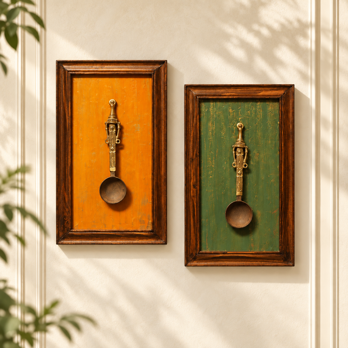 Handcrafted Framed Tribal Ladle Duo in orange and green – styled wall display – hoWme