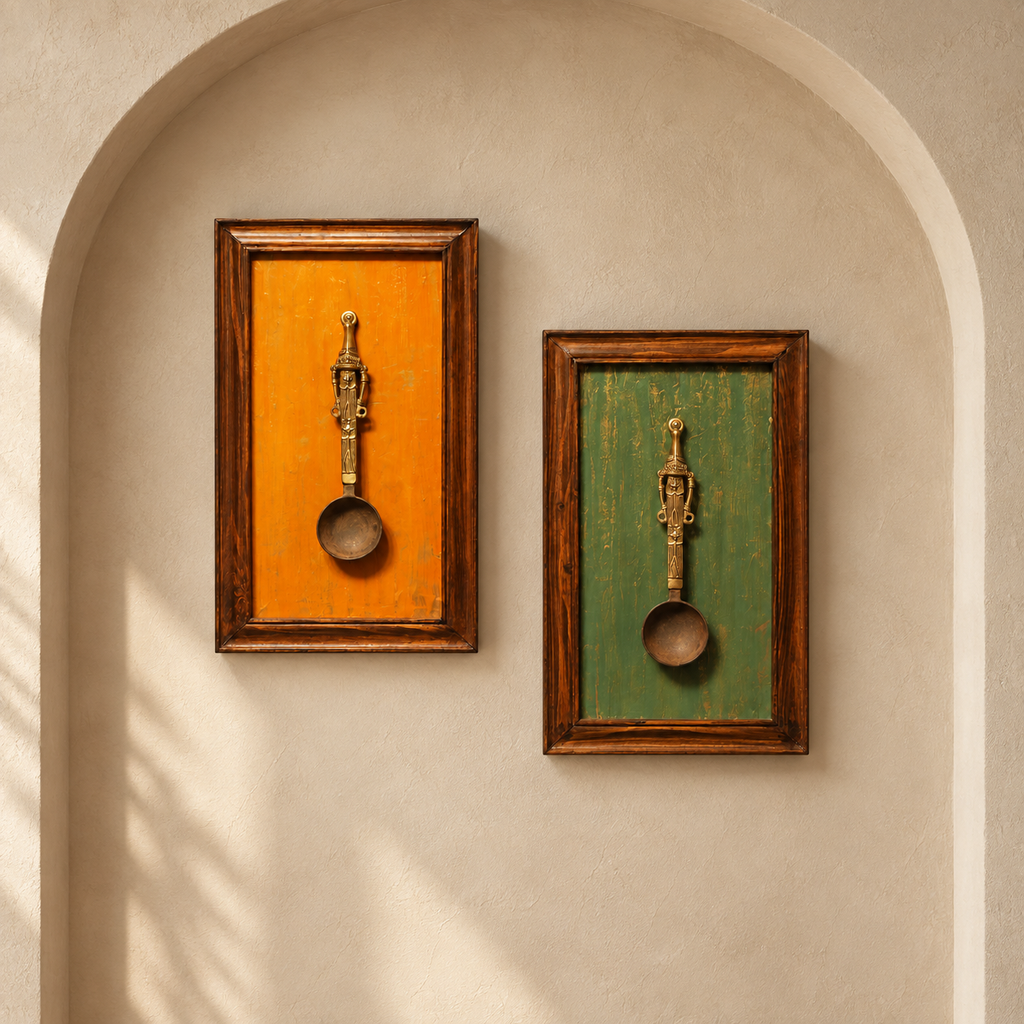 Handcrafted Framed Tribal Ladle Duo in orange and green – interior styling for wall décor – hoWme