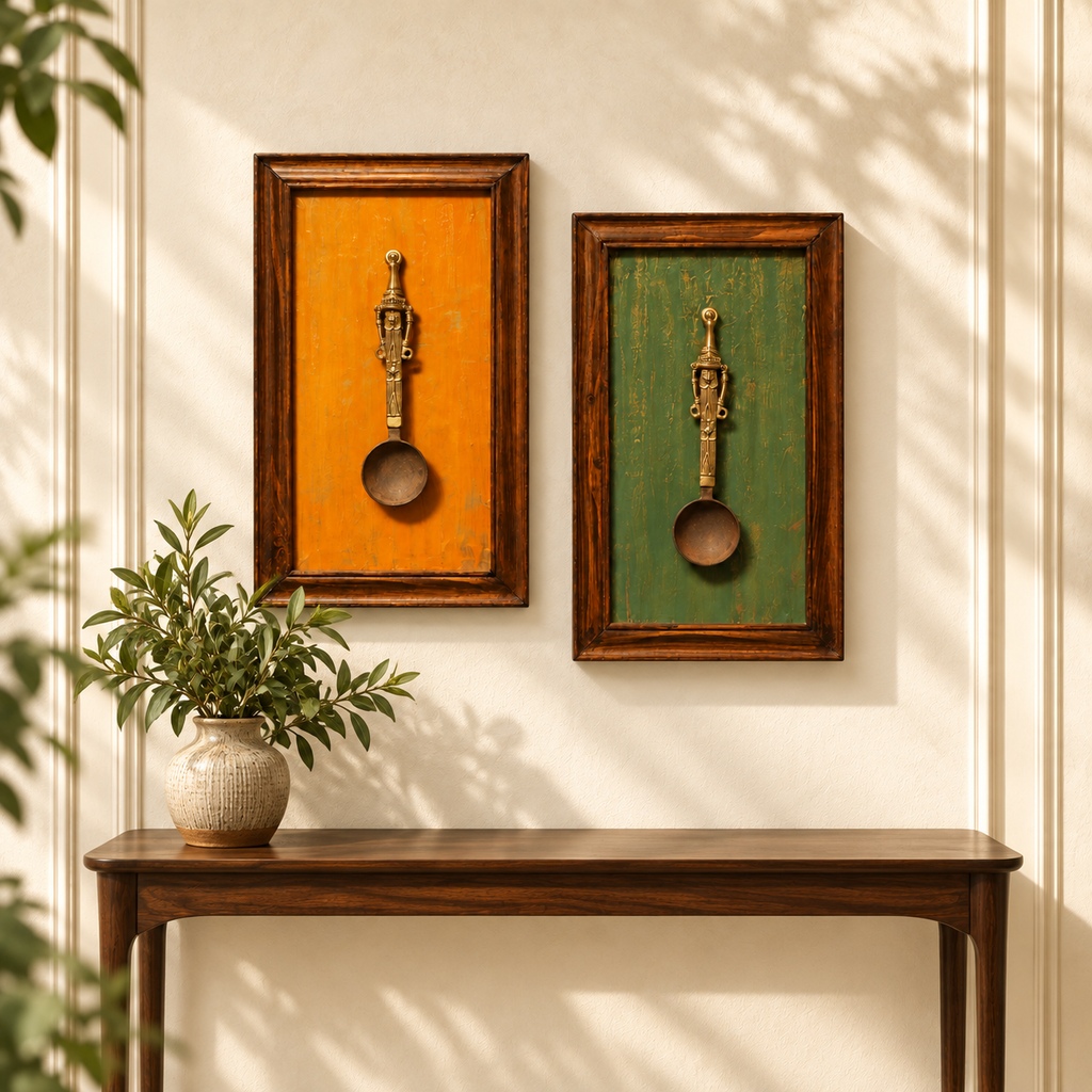 Handcrafted Framed Tribal Ladle Duo above console with vase and plant for wall décor – hoWme