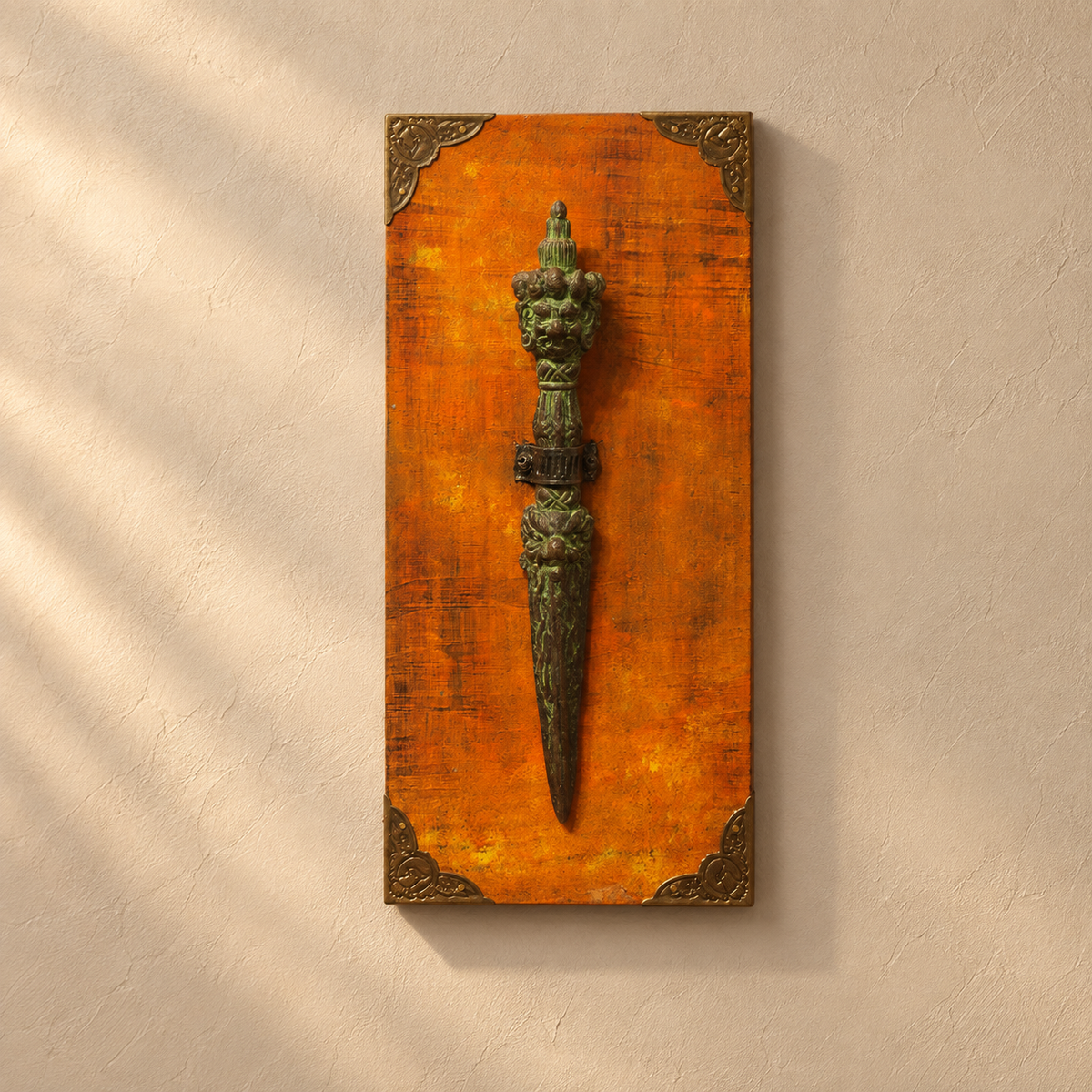Orange wooden wall panel with raised metal artefact, styled on a wall. hoWme