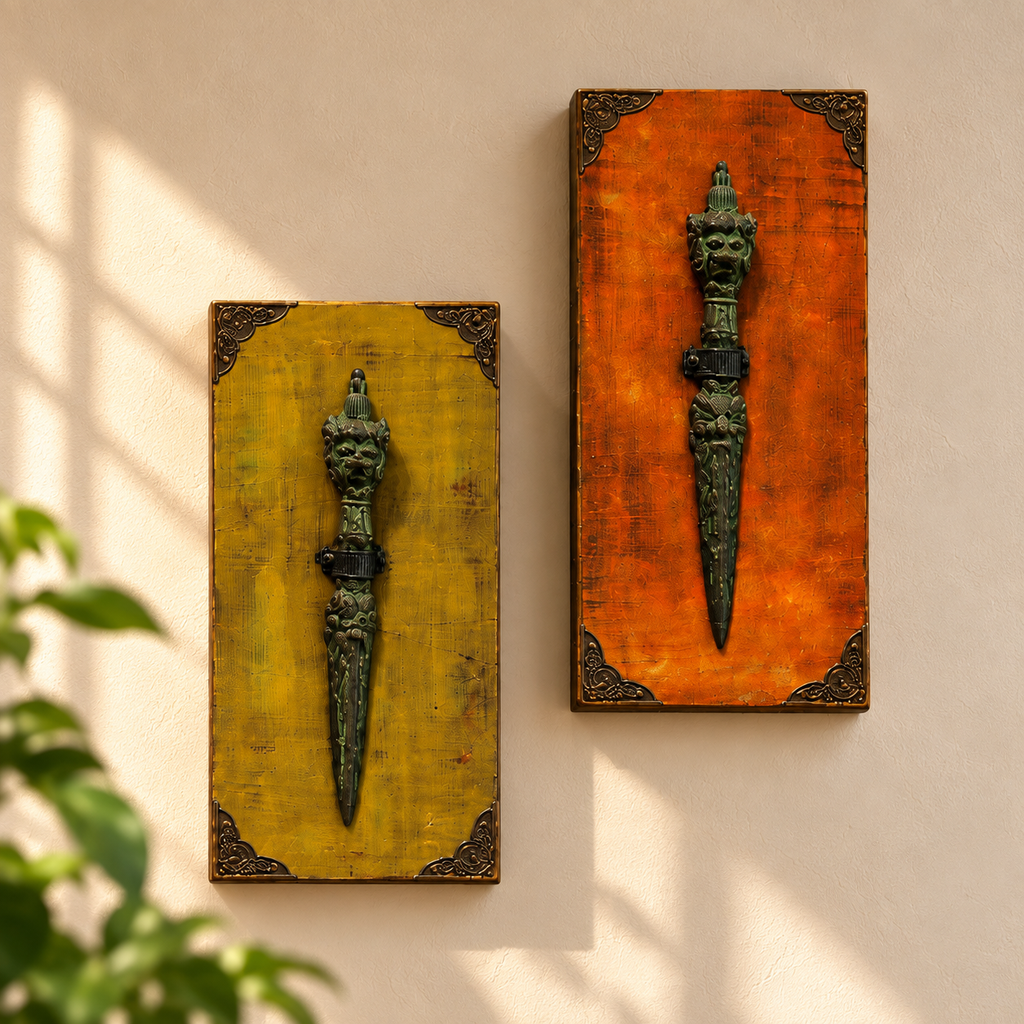 Pair of orange and yellow wall panels with sculptural metal details. hoWme