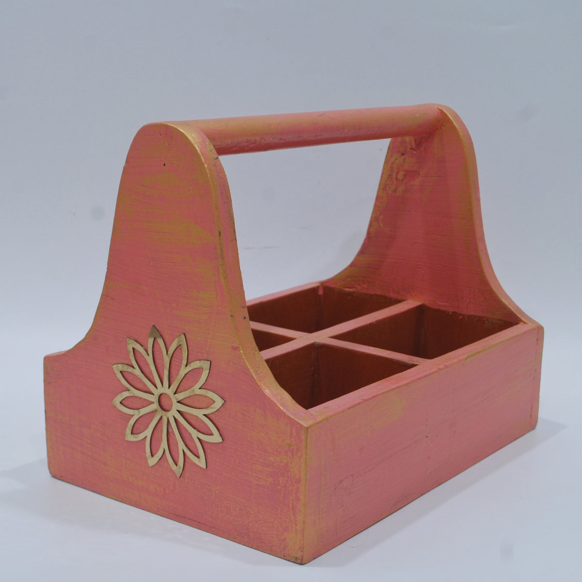 Pink wooden organiser caddy with floral accent - hoWme