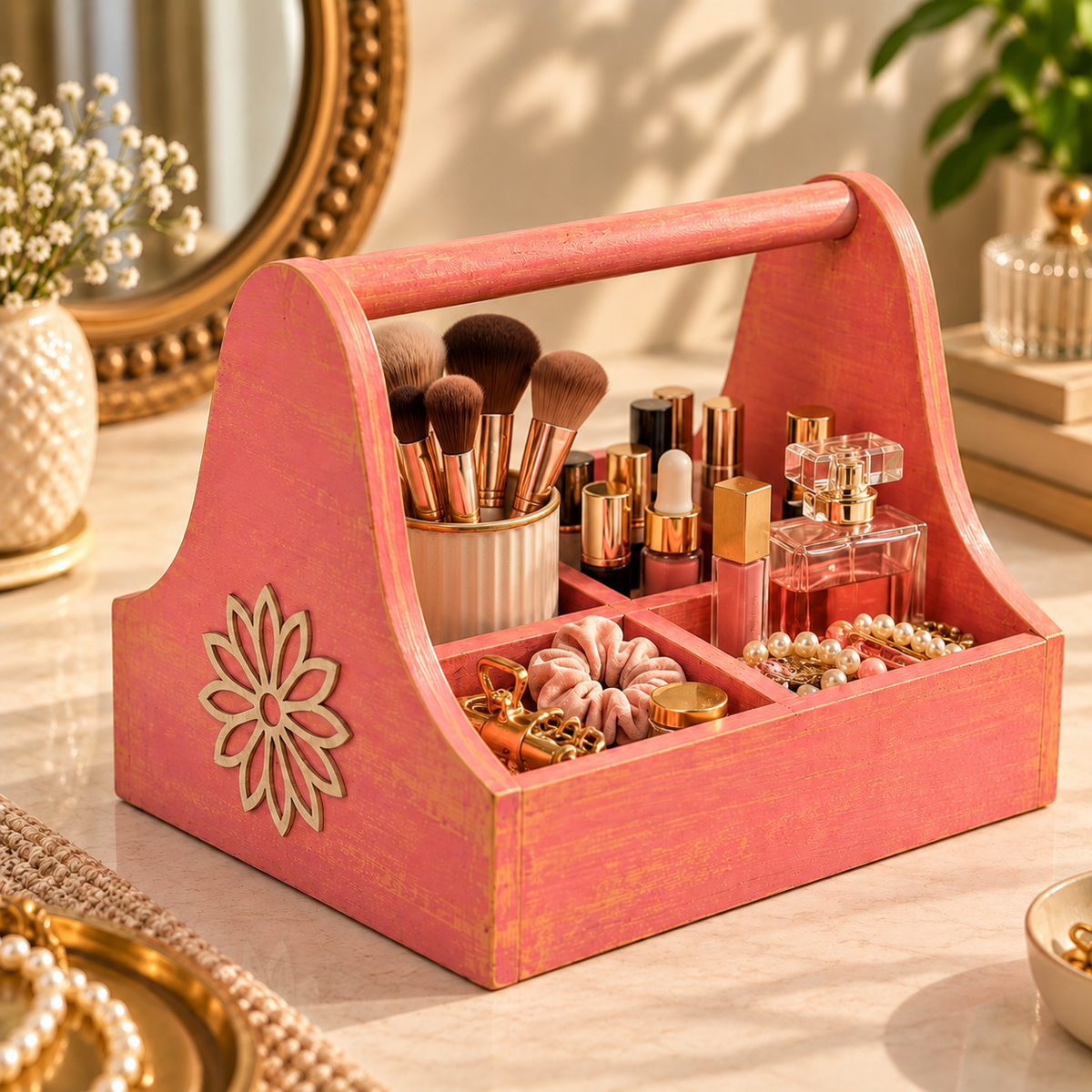 Pink wooden organiser caddy styled with cosmetics, makeup brushes and perfume - hoWme