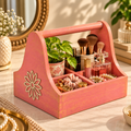 Pink wooden organiser caddy with floral accent styled for table storage – hoWme