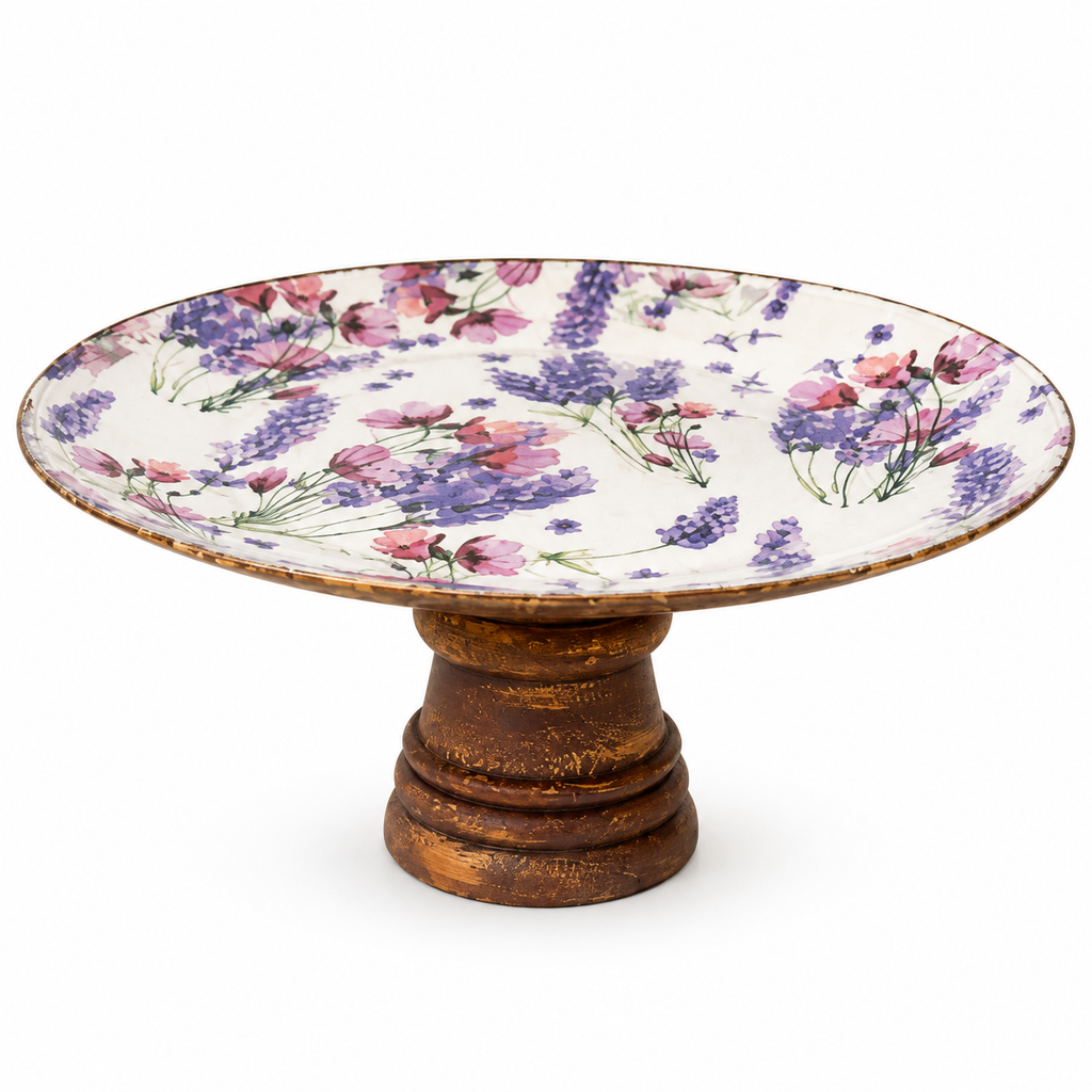 Purple and red handcrafted wood and glass cake stand on a white background for table or shelf décor – hoWme