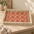 Red floral distressed wooden serving tray styled on a table hoWme