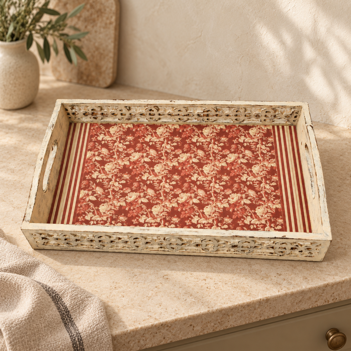 Red floral distressed wooden serving tray styled on a table hoWme