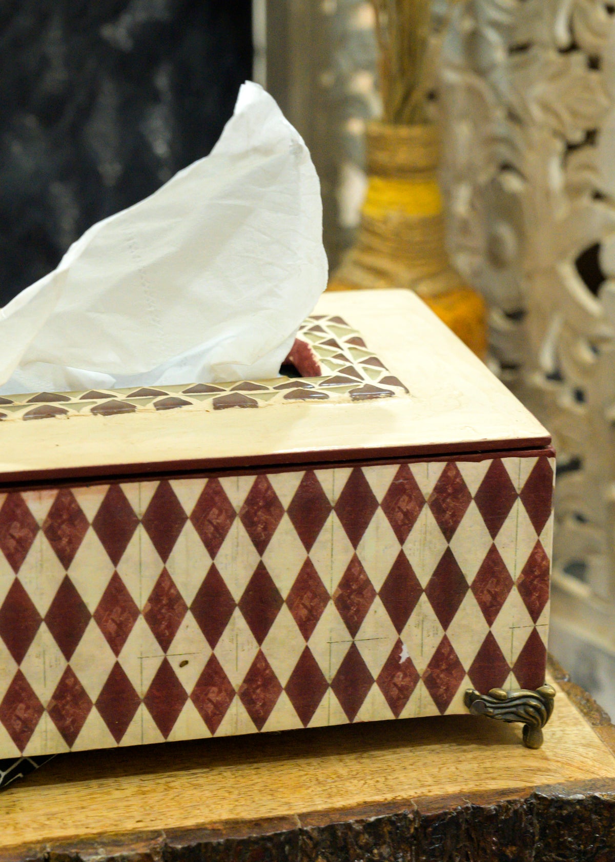 Close-up of red geometric mosaic decoupage MDF tissue holder with brass feet – hoWme