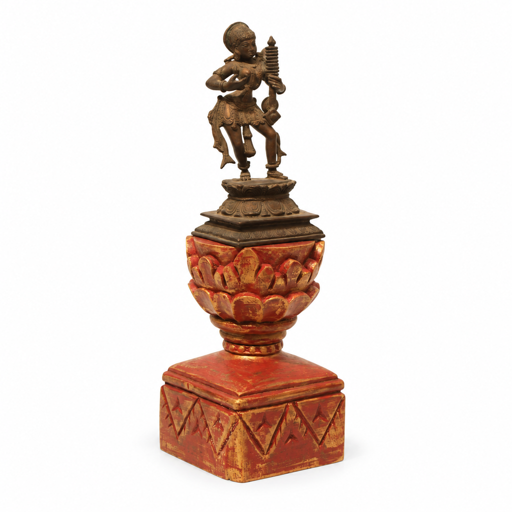 Red and gold carved wooden pedestal, front view on a white background. hoWme