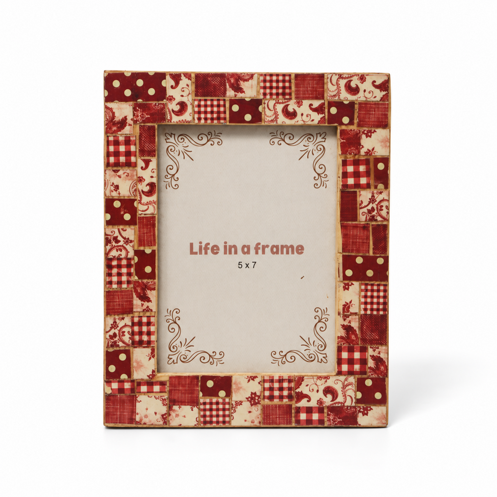 Red patchwork wooden photo frame front view on white background hoWme