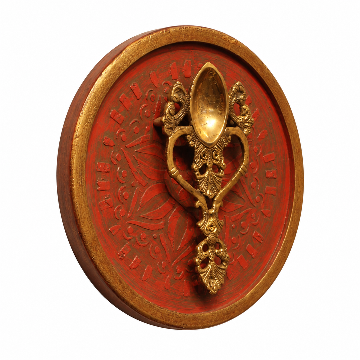Handcrafted Framed Brass Camphor Aarti Red Backdrop angle view on white background for wall décor – hoWme