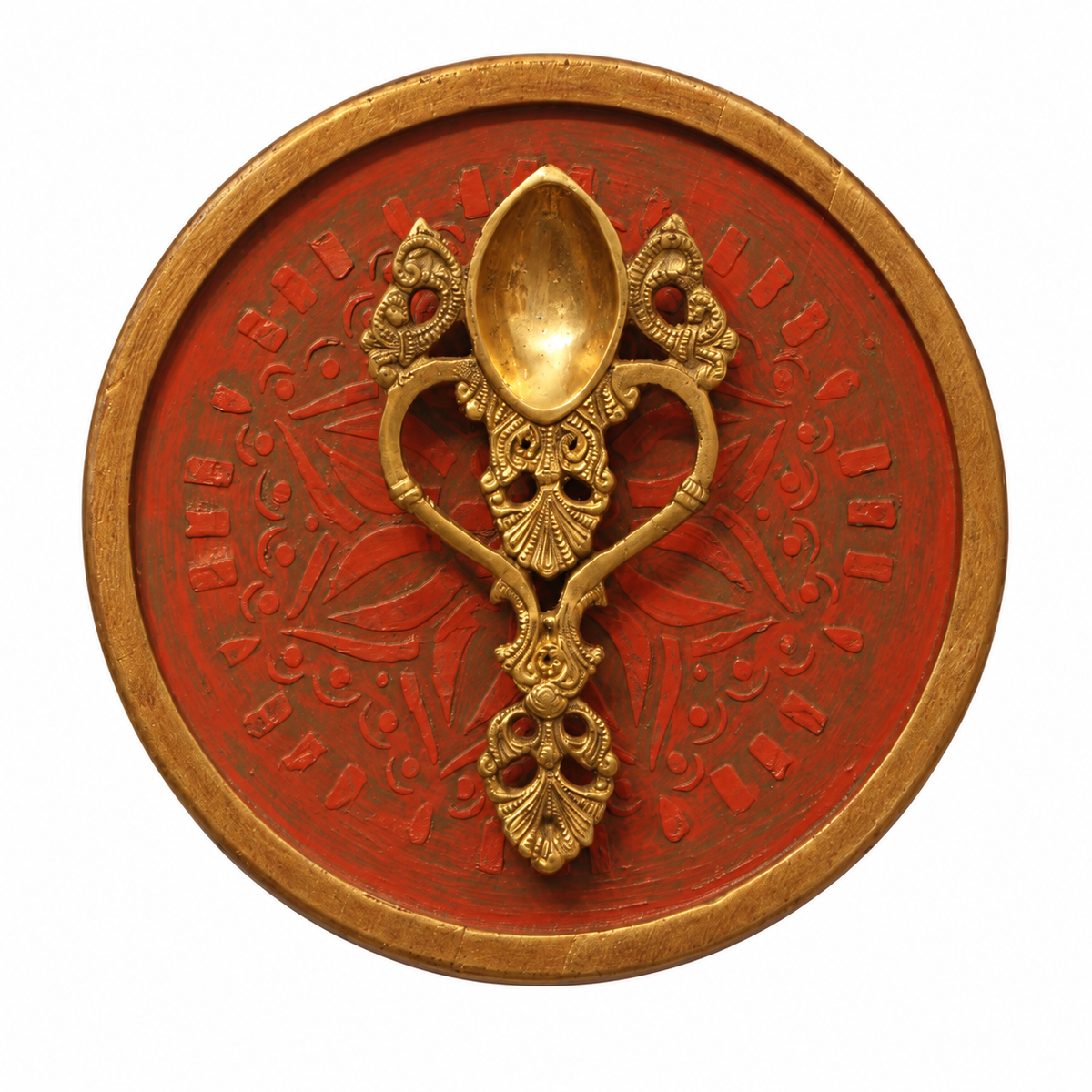 Handcrafted Framed Brass Camphor Aarti Red Backdrop front view on white background for wall décor – hoWme