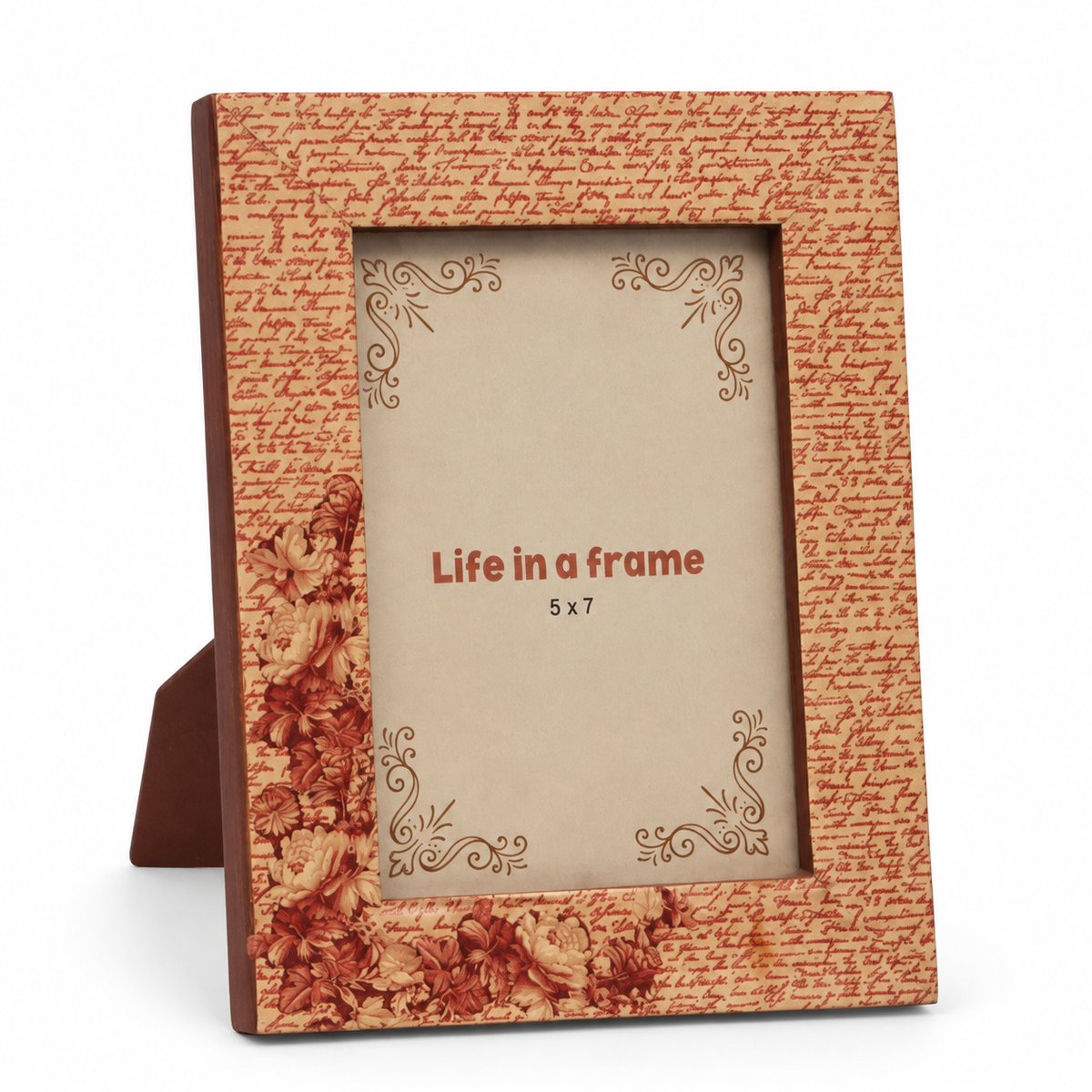 Red vintage floral wooden photo frame on white background hoWme