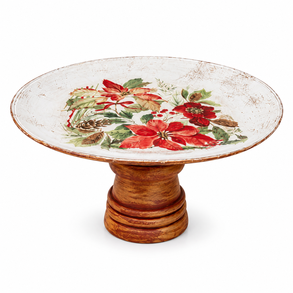 Red and white handcrafted wood and glass cake stand styled with cake for table or shelf décor – hoWme