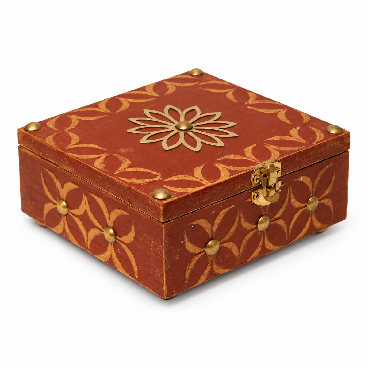 Red multipurpose wooden box with brass detail – angled view for table or shelf décor – hoWme