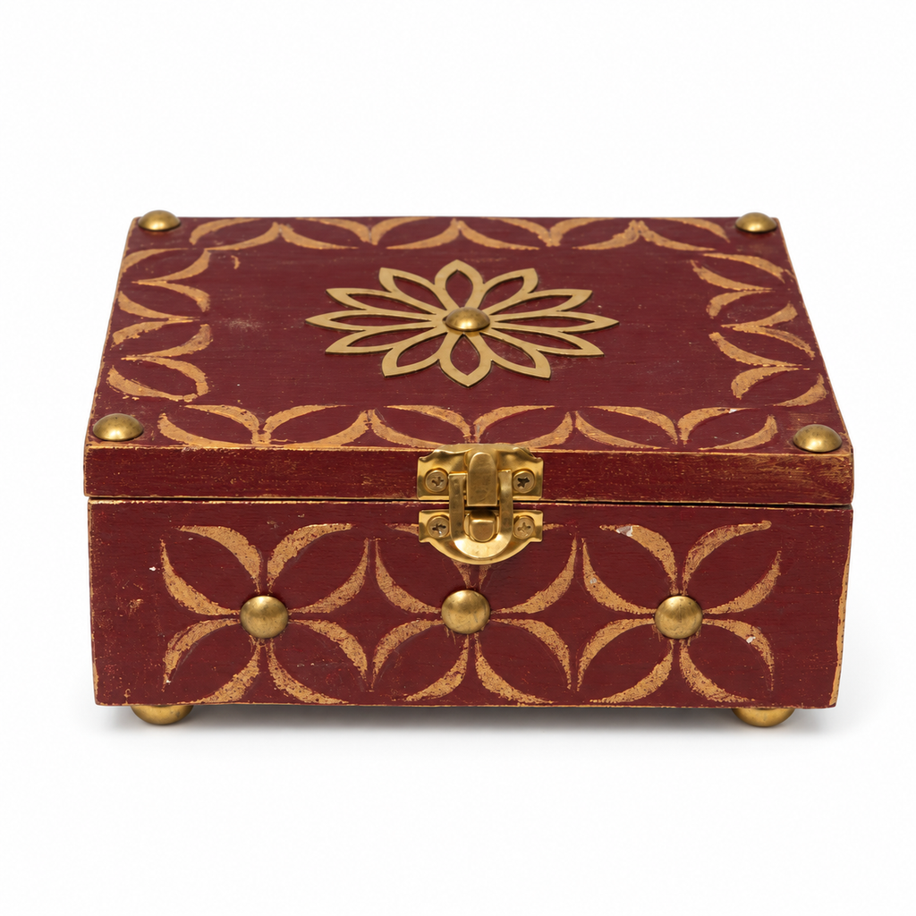 Red multipurpose wooden box with brass detail – front view for table or shelf décor – hoWme