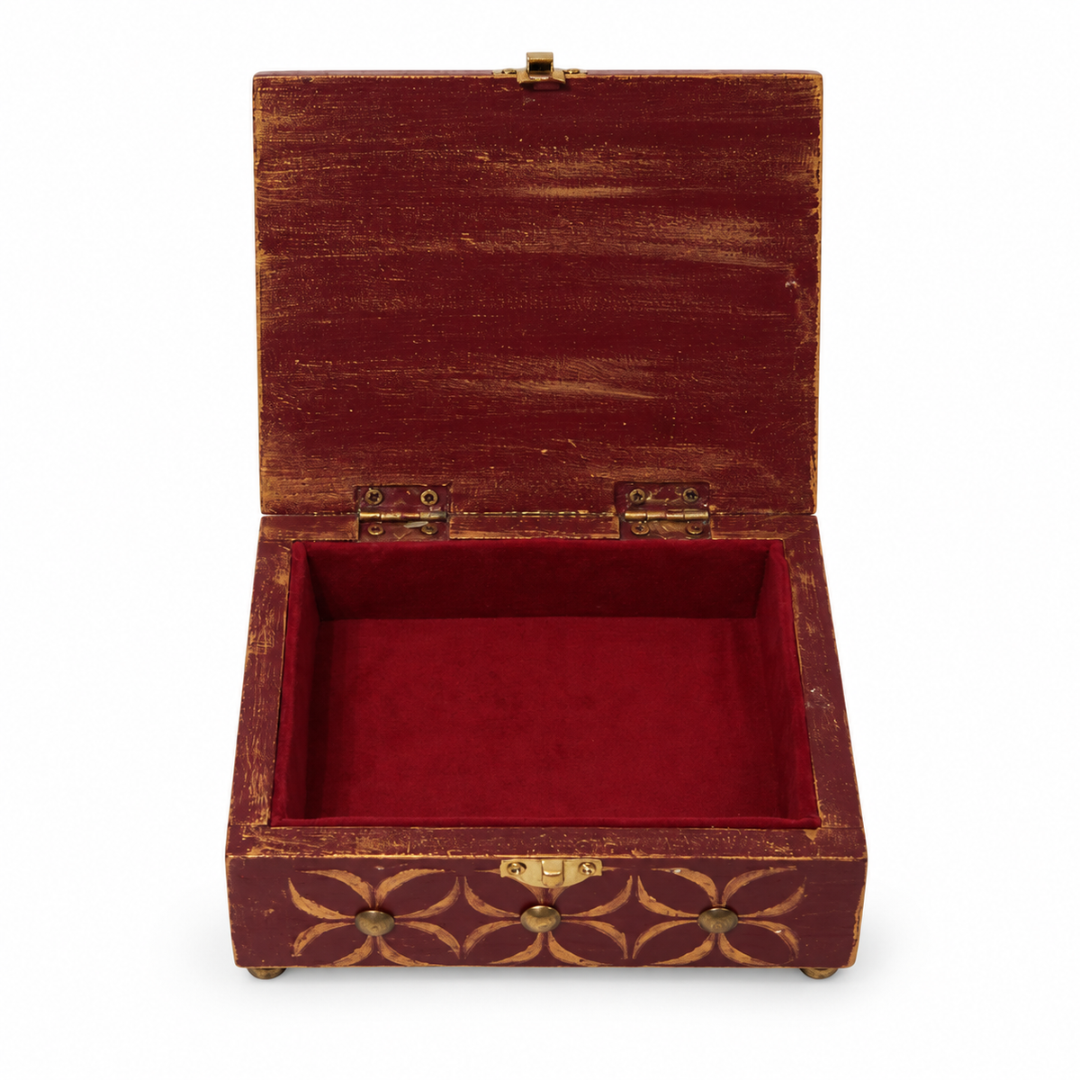 Red multipurpose wooden box with brass detail – open interior view for table or shelf décor – hoWme