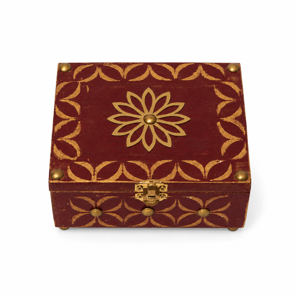 Red multipurpose wooden box with brass detail on white background for table or shelf décor – hoWme