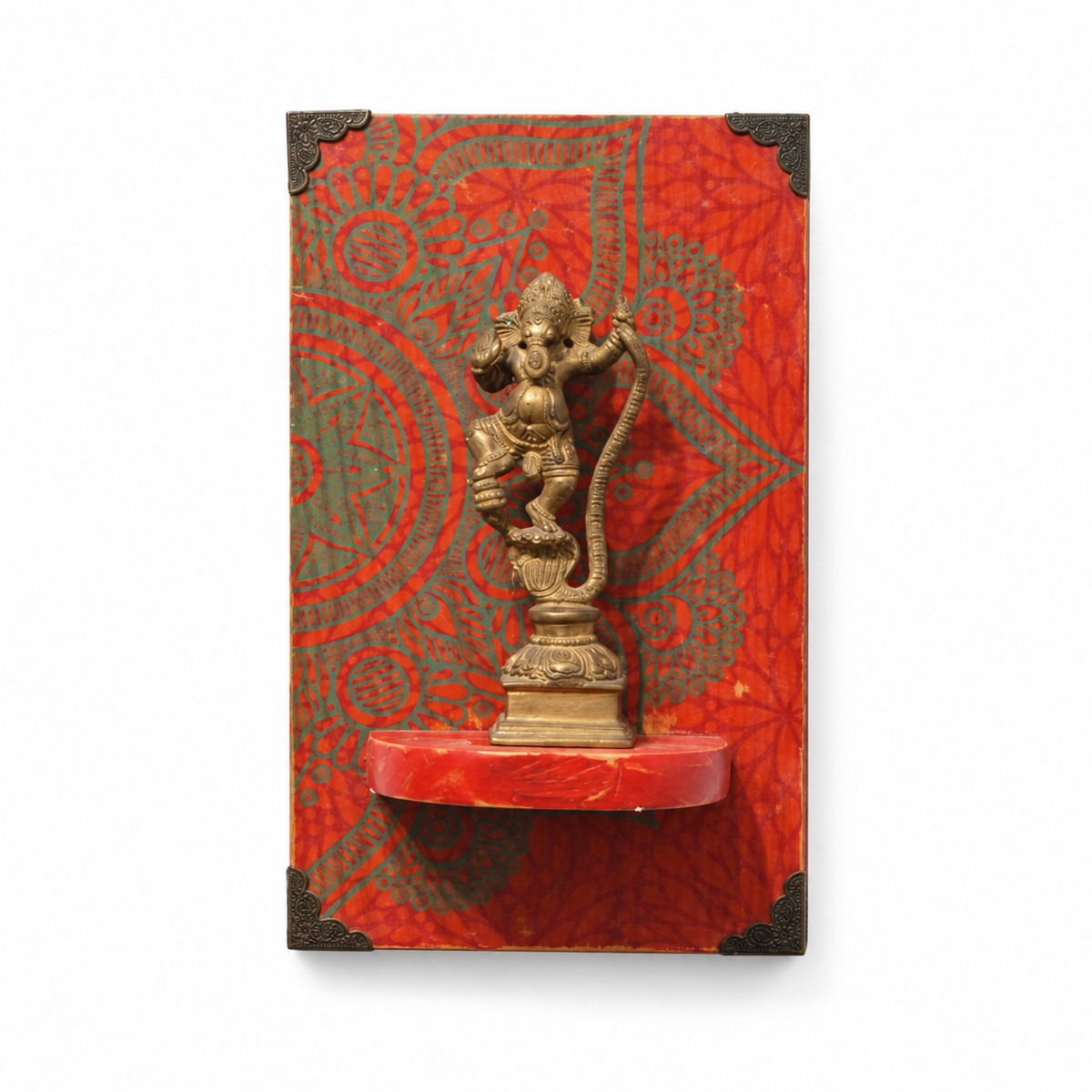 Hand-painted red wall art with a dancing brass Ganesha figure, hoWme.