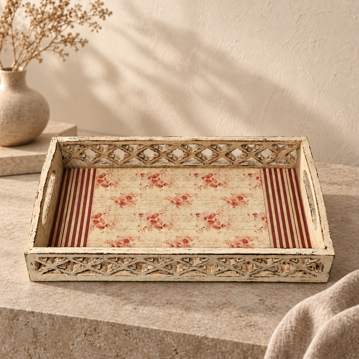 Rose script distressed wooden serving tray styled on a table hoWme