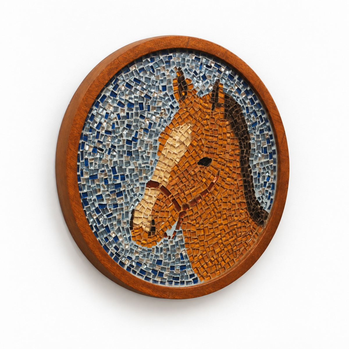 Round wooden mosaic horse wall art, angled white background view – hoWme