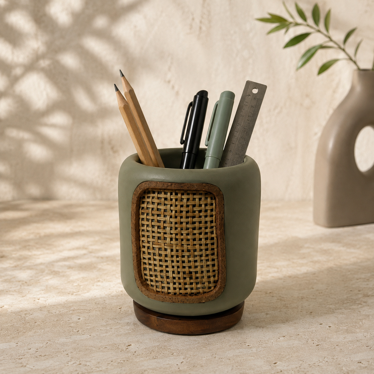 Sage green revolving wooden pen stand with cane detail – styled view for table or shelf décor – hoWme