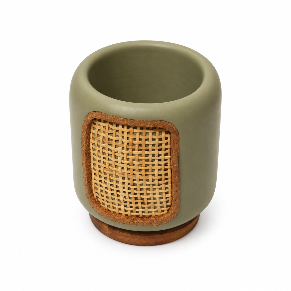 Sage green revolving wooden pen stand with cane detail – top view for table or shelf décor – hoWme