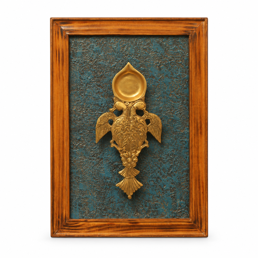 Handcrafted Teal Framed Brass Aarti Diya Wall Accent on white background – hoWme
