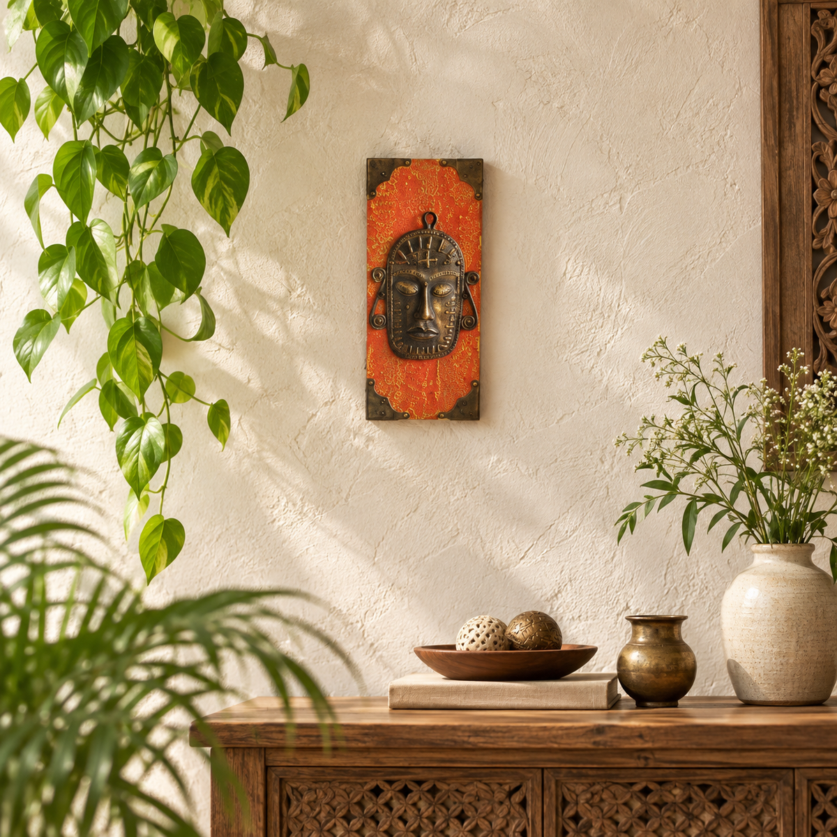 Handcrafted Tribal Face Brass Artefact on Wood in a bright interior setting for wall décor – hoWme