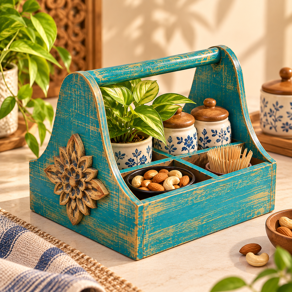 Turquoise blue wooden organiser caddy with floral accent styled for table storage - hoWme
