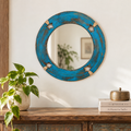 Handcrafted Turquoise distressed circular wooden wall mirror styled above a console – hoWme