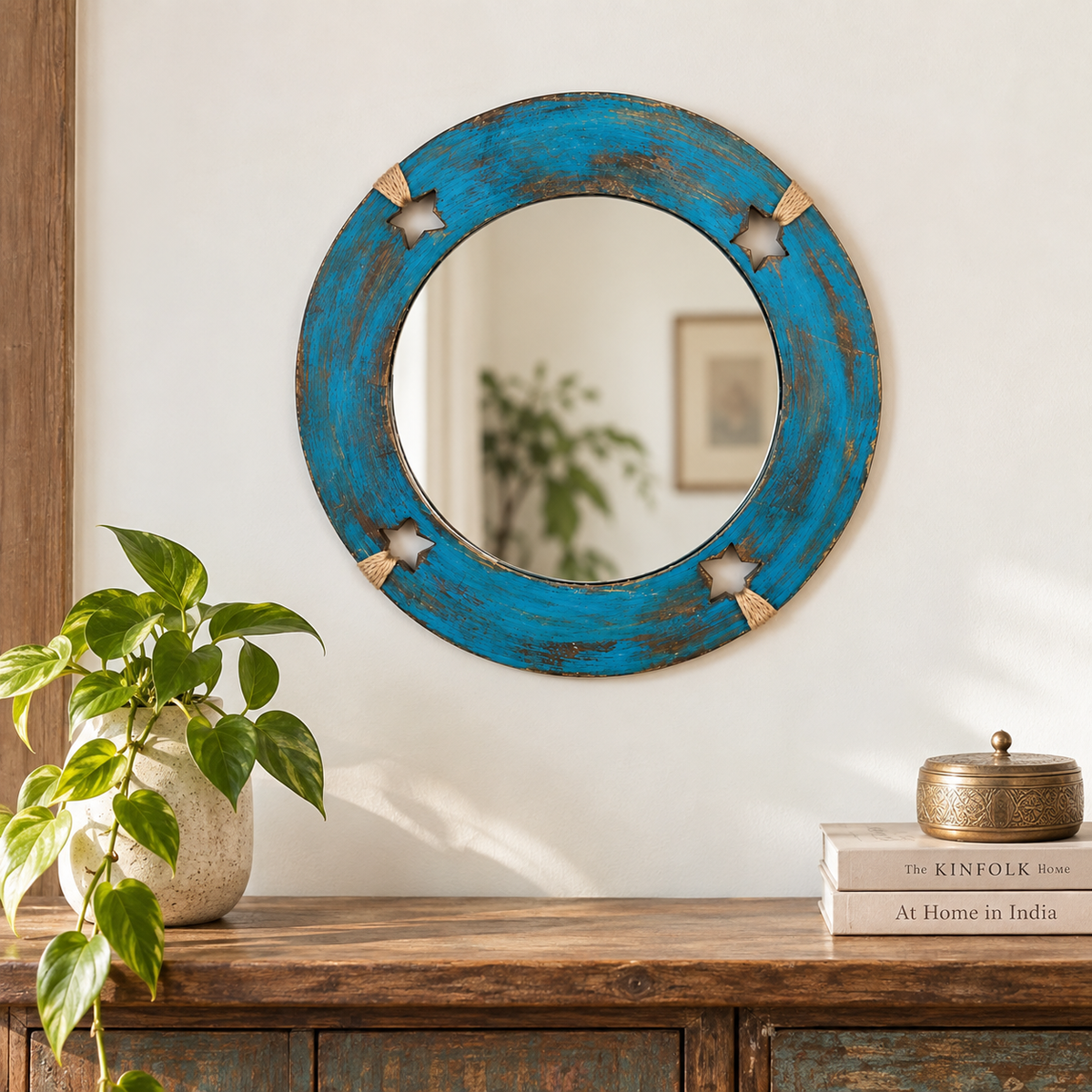 Handcrafted Turquoise distressed circular wooden wall mirror styled above a console – hoWme