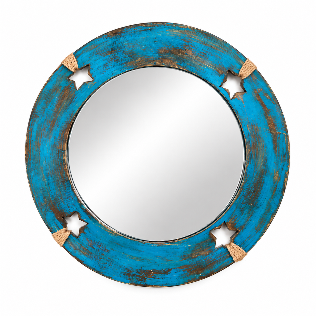 Handcrafted Turquoise distressed circular wooden wall mirror on white background – hoWme